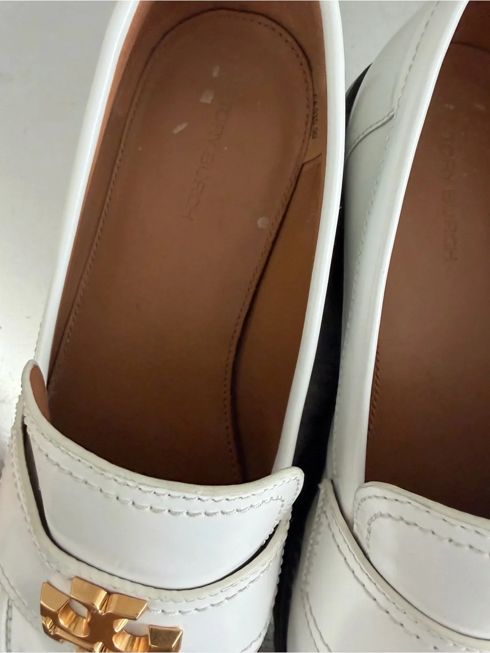 Tory Burch White Leather Loafers with Gold Logo Hardware
